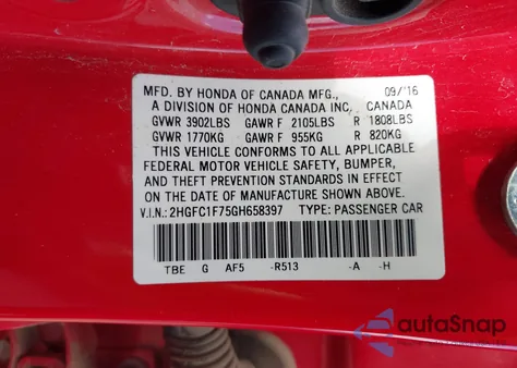 2016 Honda Civic Ex-L from USA, damaged, VIN 2HGFC1F75GH658397
